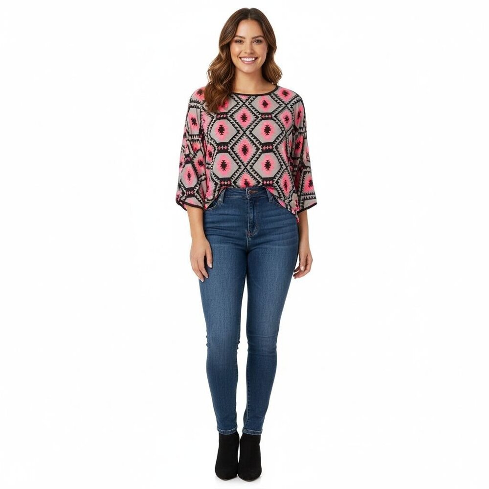 Bobeau Womens Aztec Print Loose Fit Blouse XL Gray & Coral 3/4 Sleeve 100% Polye